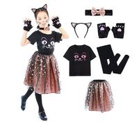 Wbesty Costume da gatto nero di Halloween per bambine con maglietta aderente con faccia da gatto, colletto con fiocco e campanelli e vestito a sbuffo dorato,7/8 anni