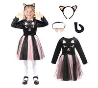 Wbesty Costume da gatto nero di Halloween per bambine con tutù rosa, fascia e coda con orecchie da gatto, collare con fiocco,3/4 anni