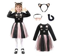 Wbesty Costume da gatto nero di Halloween per bambine con tutù rosa, fascia e coda con orecchie da gatto, collare con fiocco,7/8 anni
