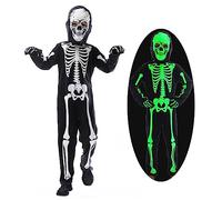 Wbesty Costume da scheletro per bambini che si illumina al buio Ragazzo Ragazze Halloween Body spaventoso con cappuccio scheletro Guanti,5/7 anni