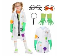 Wbesty Costume da scienziato pazzo per bambini con montatura per occhiali, guanti con cravatta, occhiali con lente d'ingrandimento, 5 pezzi, cappotto da laboratorio per bambini per Halloween