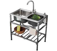 WBJGUOD Lavello Commerciale a Doppia Vasca in Acciaio Inox con Rubinetto e Supporto per ristoranti e Catering - unità lavabo Industriale per Cucina, Garage/Giardino