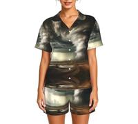WBQLSL A tornado is coming - Set pigiama da donna a maniche corte con colletto e bottoni elastici in vita, Nero , 3XL-6XL