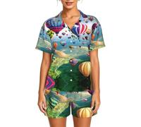 WBQLSL Bella mongolfiera Set da casa da donna a maniche corte - Set pigiama elastico in vita con bottoni con colletto, Nero , 4XL-6XL