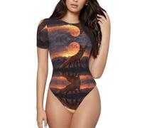 WBQLSL Body da donna a maniche corte, nero, in poliestere elasticizzato in quattro direzioni, stampa volpe, scollo rotondo, chiusura con bottoni automatici, Nero , XXL-3XL