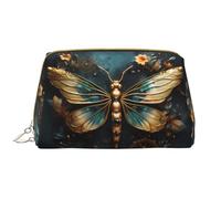 WBQLSL Borsa di cuoio delicata di trucco del fiore della libellula di colore dell'oro, borsa portatile di immagazzinaggio di trucco di grande capacità, viaggio a mano con la borsa di trucco