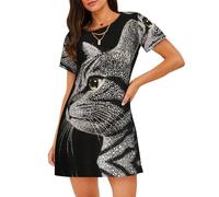 WBQLSL Camicia da notte a maniche corte con stampa a testa di gatto, ideale per abbigliamento da casa rilassato da donna, Nero , XL