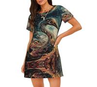 WBQLSL Camicia da notte a maniche corte con stampa a testa di gru fluida, ideale per abbigliamento da casa rilassato da donna, Nero , L