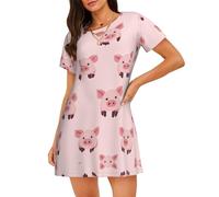 WBQLSL Camicia da notte a maniche corte con stampa a testa di maiale semplice, ideale per la casa rilassata da donna, Nero , XL