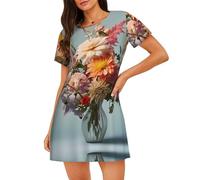 WBQLSL Camicia da notte a maniche corte con stampa con cesto di fiori, ideale per abbigliamento da casa rilassato da donna, Nero , S
