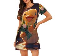 WBQLSL Camicia da notte a maniche corte con stampa di fiori con anatroccolo, ideale per la casa rilassata da donna, Nero , M