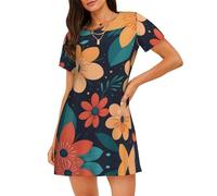 WBQLSL Camicia da notte a maniche corte con stampa di fiori geometrici, ideale per la casa rilassata da donna, Nero , M