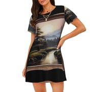 WBQLSL Camicia da notte a maniche corte con stampa di montagne e fiumi lontani, ideale per abbigliamento da casa rilassato da donna, Nero , XL