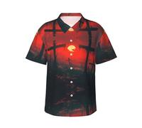 WBQLSL Camicia hawaiana a maniche corte stampata con luna rossa sangue, camicia casual da uomo per vacanze al mare e feste estive in piscina, Nero , XL/4XL