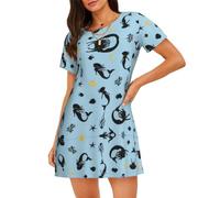 WBQLSL Colorato bella sirena Donne Manica Corta Pigiama - Girocollo Ginocchio-Lunghezza Allentato Pullover Lounge Vestiti, Nero , XXL