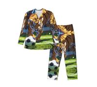 WBQLSL Cucciolo di tigre che gioca a calcio Pattern morbido pigiama a maniche lunghe per uomo, abbigliamento casual loungewear, elastico in vita, doppie tasche laterali, Nero , S