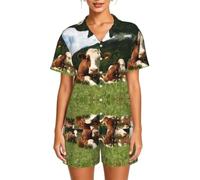 WBQLSL Cute Cows Relaxed On Grass Set da casa a maniche corte da donna - Set pigiama elastico in vita con bottoni con colletto, Nero , 4XL-6XL
