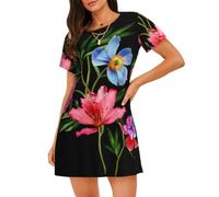 WBQLSL Dipinto a mano fiore Donna Manica Corta Pigiama - Girocollo Ginocchio-Lunghezza Sciolto Pullover Lounge Clothes, Nero , 3XL