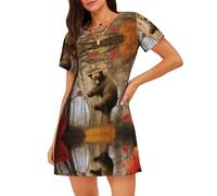 WBQLSL Elegante orso marrone da donna in autunno stampe pigiama, camicia da notte a maniche corte rilassata, Nero , S