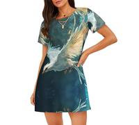 WBQLSL Elegante pigiama bianco con stampa di uccelli bianchi, camicia da notte a maniche corte rilassata, Nero , S