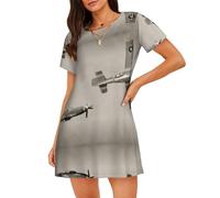 WBQLSL Elegante pigiama da donna con stampa aeronautica della seconda guerra mondiale, camicia da notte a maniche corte rilassata, Nero , XL