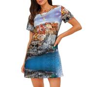 WBQLSL Elegante pigiama da donna con stampe cinque terre, camicia da notte a maniche corte rilassata, Nero , XXL