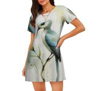 WBQLSL Elegante pigiama da donna con stampe di uccelli ad acquerello, camicia da notte a maniche corte rilassata, Nero , M