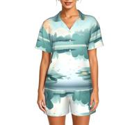 WBQLSL Fallen leaves on a tranquil lake Set da casa da donna a maniche corte - Set pigiama con colletto e bottoni elastici in vita, Nero , 4XL-6XL