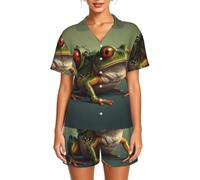 WBQLSL Frog pulling the bug - Set pigiama da donna a maniche corte con colletto e bottoni elastici in vita, Nero , 5XL-6XL
