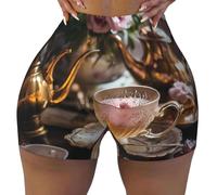 WBQLSL I pantaloncini sportivi da donna elasticizzati con stampa Afternoon Tea sono adatti per il tempo libero, l'uso quotidiano o abbigliamento sportivo, nero, S
