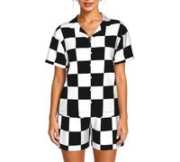 WBQLSL Pigiama da donna a maniche corte con bandiera a scacchi da gara bianca e nera, con tasche, cardigan, Nero , L-6XL