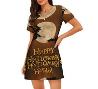 WBQLSL Pigiama da donna a maniche corte con strega di Halloween che vola - Girocollo al ginocchio Pullover allentato Abiti da salotto, Nero , XL