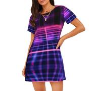 WBQLSL Pigiama da donna con stampa a griglia fluorescente alla moda, camicia da notte a maniche corte rilassata, Nero , L