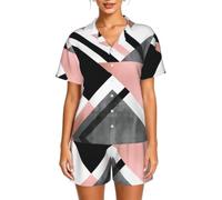 WBQLSL Set da casa a maniche corte da donna a righe triangolo astratto - Set pigiama elastico in vita con bottoni con colletto, Nero , 4XL-6XL