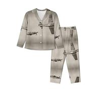 WBQLSL Set pigiama a maniche lunghe con stampa aeronautica della seconda guerra mondiale, abbigliamento da casa semplice e confortevole, Nero , M-3XL
