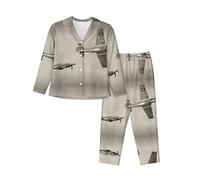 WBQLSL Set pigiama a maniche lunghe con stampa aeronautica della seconda guerra mondiale, abbigliamento da casa semplice e confortevole, Nero , L-3XL