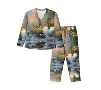 WBQLSL Set pigiama a maniche lunghe con stampa costiera e faro, semplice e confortevole, Nero , L-3XL