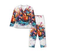 WBQLSL Set pigiama a maniche lunghe con stampa di chitarra con note colorate, abbigliamento da salotto semplice e confortevole, Nero , XL-3XL