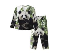 WBQLSL Set pigiama a maniche lunghe con stampa panda adorabile, abbigliamento da casa semplice e confortevole, Nero , XXL-3XL