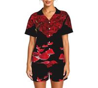 WBQLSL Set pigiama da donna a maniche corte con petali floreali a forma di cuore - Set pigiama elastico in vita con bottoni con colletto, Nero , 5XL-6XL