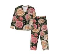 WBQLSL Set pigiama da donna con stampa di molte belle rose, morbido e caldo, rilassante a casa, Nero , S