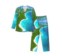 WBQLSL Set pigiama stampato con isola nell'oceano, abbigliamento da salotto a maniche lunghe, comode tasche laterali., Nero, L