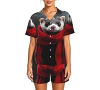 WBQLSL Un furetto con una sciarpa rossa Set da casa da donna a maniche corte - Set pigiama elastico in vita con bottoni con colletto, Nero , S-6XL