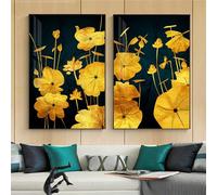WBYZAC 2 pezzi/Arte Murale,Quadro Astratto su Tela Nero Dorato Con Foglie di Loto Poster e Stampe Grandi Quadri da Parete per Soggiorno Ufficio Decorazione Con Piante Dorate-40 * 60cm (senza telaio)
