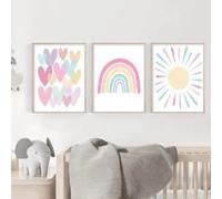 WBYZAC Set di 3 Stampe su Tela Astratte Con Cuori Rosa e Viola per Cameretta Dei Bambini Sole Arcobaleno Quadri Nordici da Parete Decorazione per Soggiorno 40 * 50 Cm (Stampa Senza Cornice)