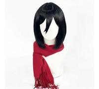 WCCNKK Anime Cosplay Mikasa Ackerman Parrucca, Capelli Neri Corti con Sciarpa, Materiale Resistente al Calore, con Cappuccio Parrucca Gratuito, per Festa Carnevale Halloween, Anime Regalo