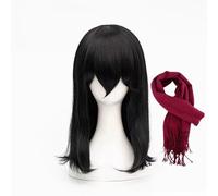 WCCNKK Anime Cosplay Mikasa Ackerman Parrucca, Capelli Neri Lunghi E Lisci da Bambina con Sciarpa, Materiale Resistente al Calore, con Cappuccio Parrucca Gratuito, per Festa Carnevale Halloween