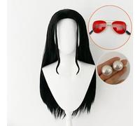WCCNKK Anime Cosplay Nico Robin Parrucca, Capelli Neri Lunghi E Lisci, Occhiali E Orecchini, Materiale Resistente al Calore, con Cappuccio Parrucca Gratuito, per Festa Carnevale Halloween