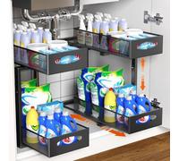 Wclavion Organizer Sottolavello Cucina in Metallo | Scaffale 2 Livelli Estraibile & Mobile Bagno Sottolavabo | Altezza Regolabile per Armadio e Organizzazione Cucina(Black,2pc)