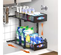 Wclavion Organizer Sottolavello Cucina in Metallo | Scaffale 2 Livelli Estraibile & Mobile Bagno Sottolavabo | Altezza Regolabile per Armadio e Organizzazione Cucina(Black,1pc)